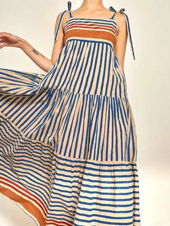 Dresses & Skirts - Women's Blue and Cream Striped Maxi Dress with Tie Straps